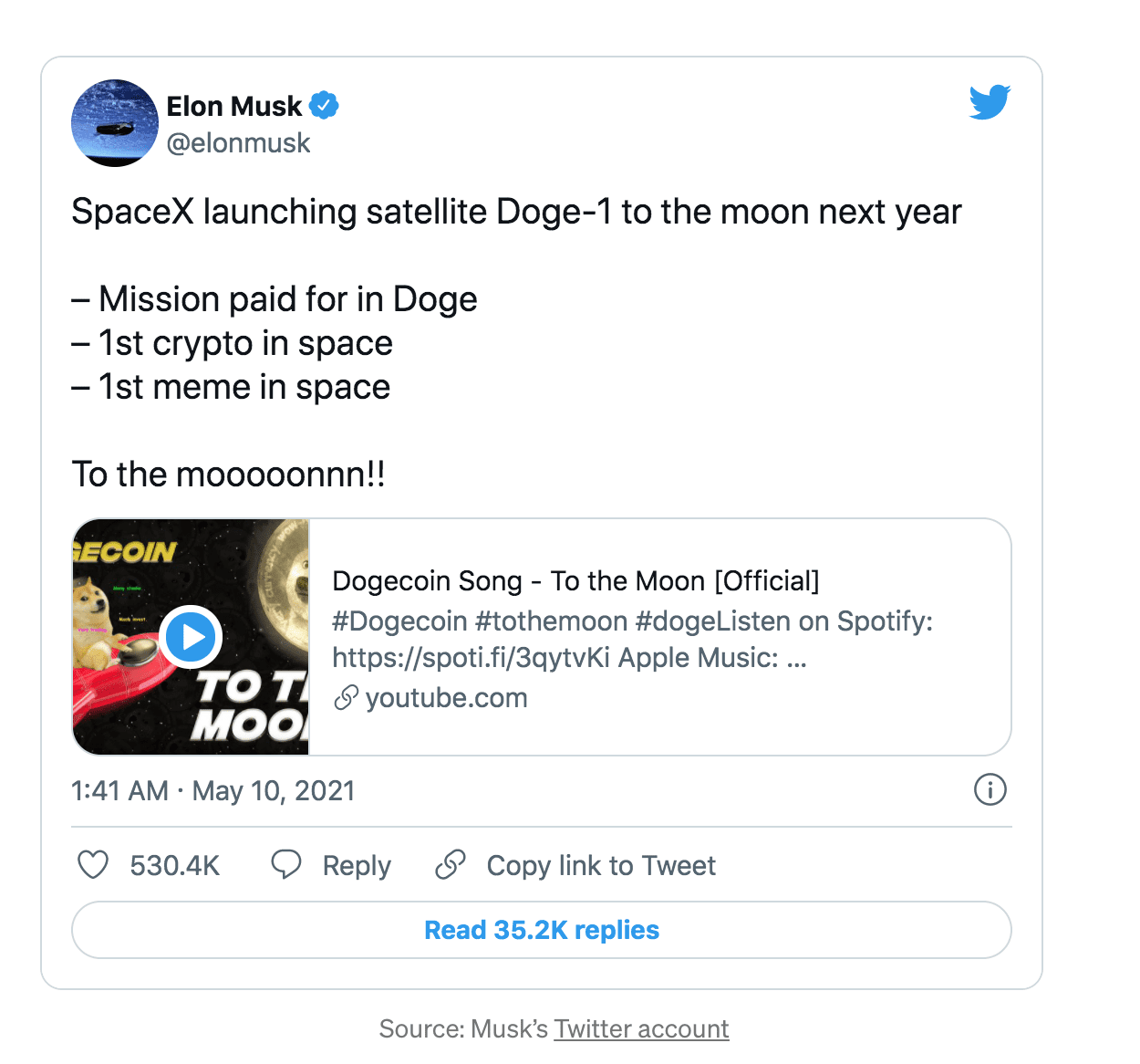 Elon Musk Doge tweet to the moon
