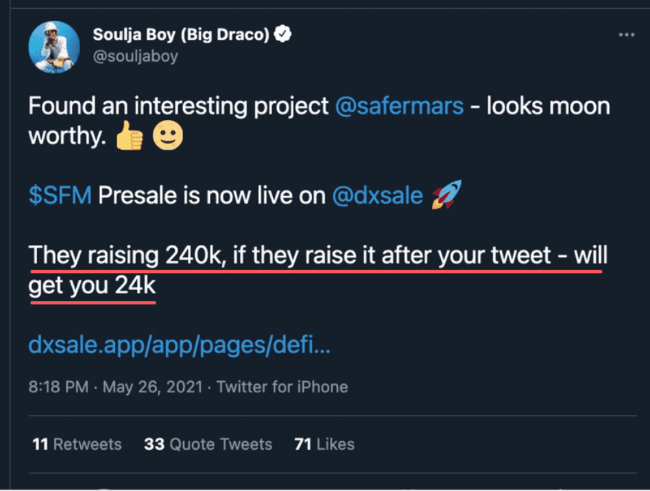 Soulja Boy SafeMars tweet