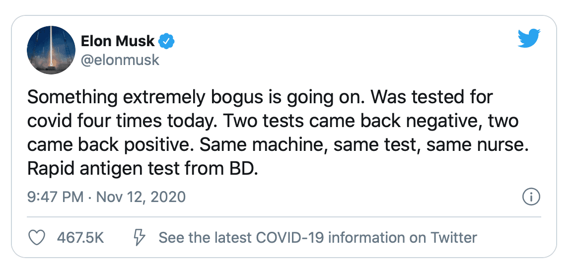 Elon Musk Covid-19 Test Tweet