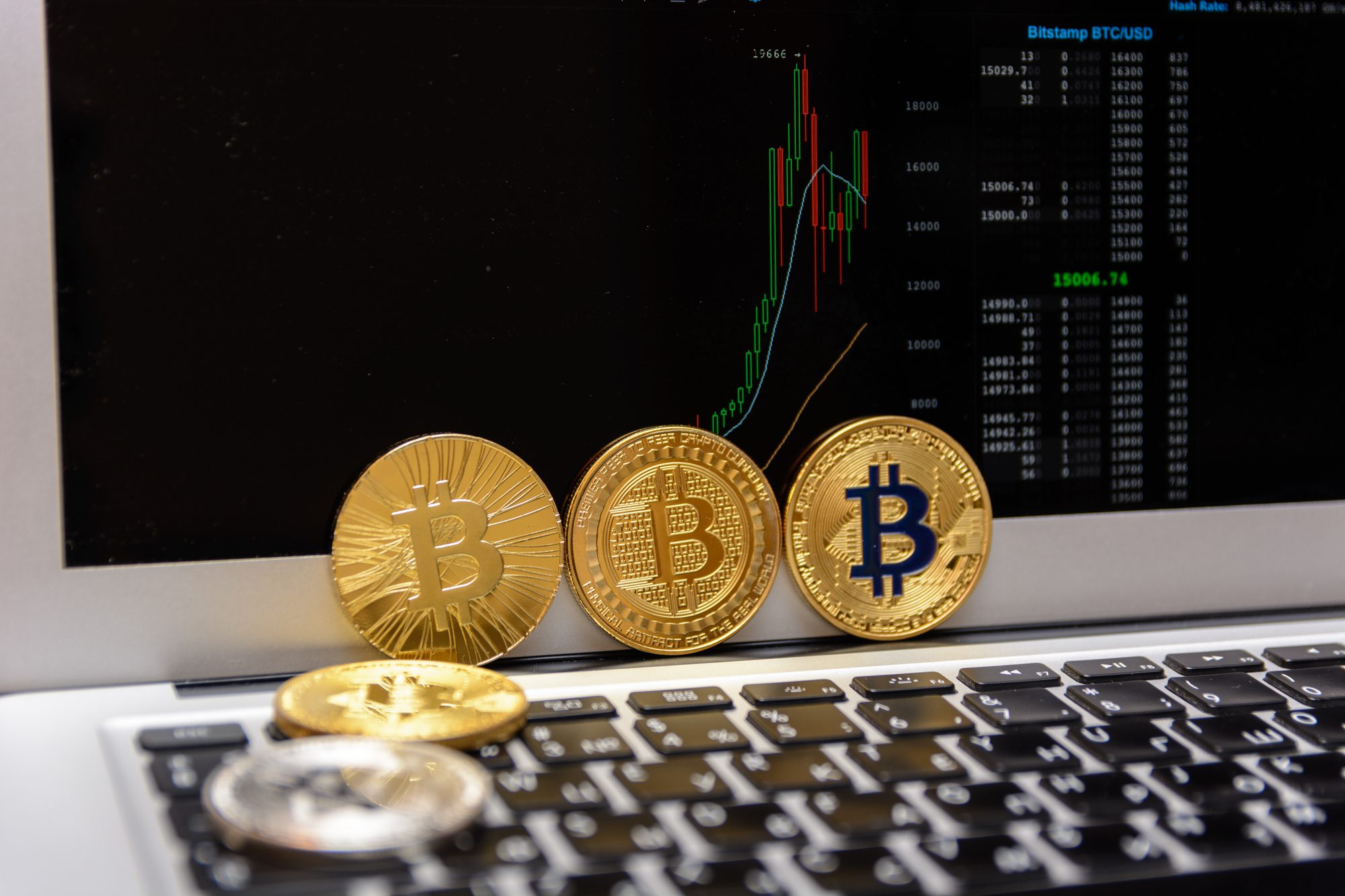 golden bitcoins and chart on monitor