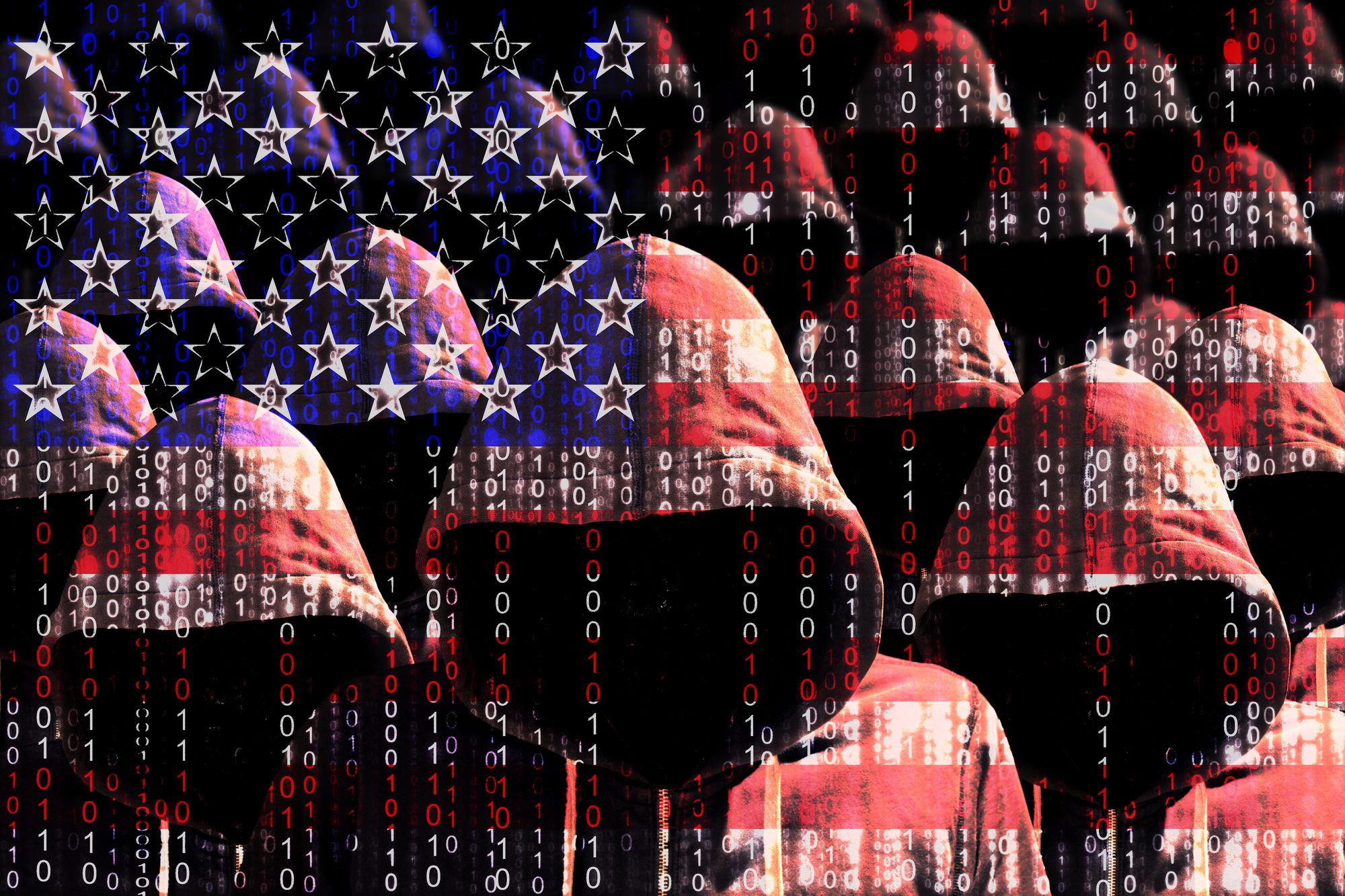 Group of hooded men shining through a digital american flag