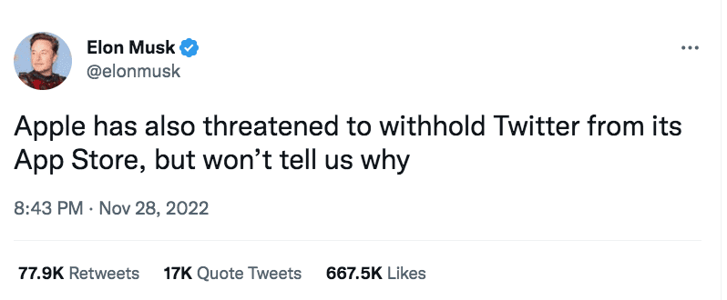 Musk Apple threatens twitter tweet