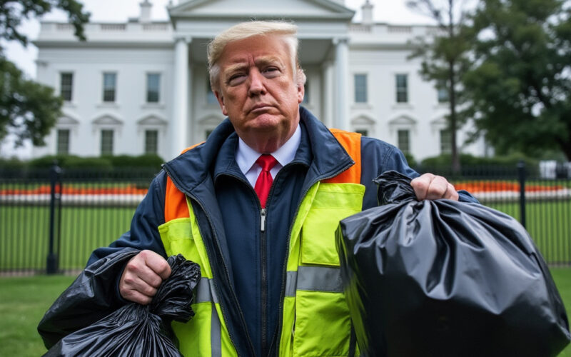 Trump takes out the trash in front of the whitehouse