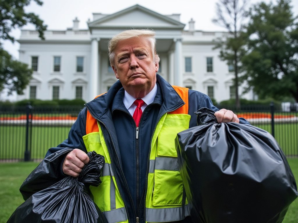Trump takes out the trash in front of the whitehouse